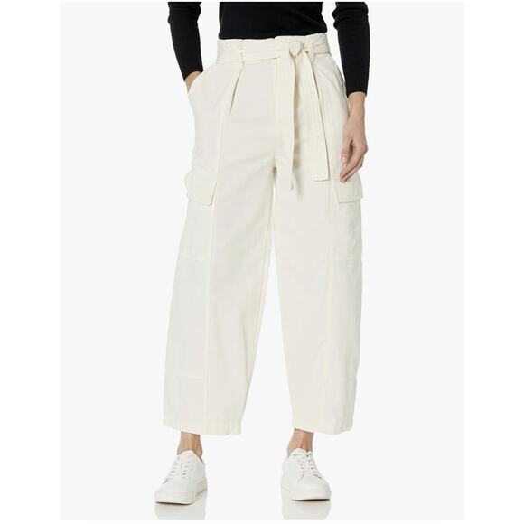 NWT $248 Joie Emerald Cotton Blend Ivory Straight Leg Pants Size 12 Belted - Picture 2 of 13